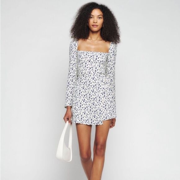 NWT Reformation Rosalie Mini White Dress Blue Floral Size 8 - Picture 8 of 13